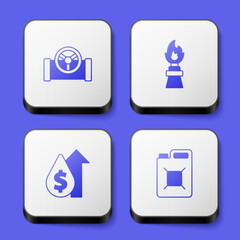 Set Oil pipe with valve, rig fire, price increase and Canister for gasoline icon. White square button. Vector