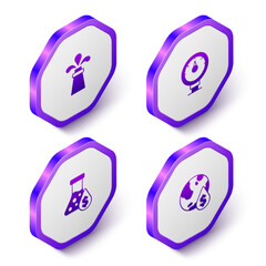 Set Isometric Oil rig, Motor gas gauge, petrol test tube and drop with dollar symbol icon. Purple hexagon button. Vector