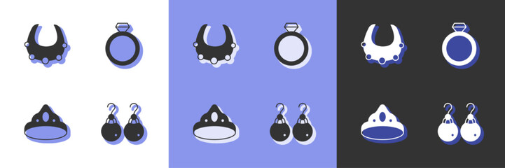 Set Earrings, Necklace, King crown and Diamond engagement icon. Vector
