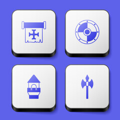 Set Crusade, Round shield, Castle tower and Medieval axe icon. White square button. Vector