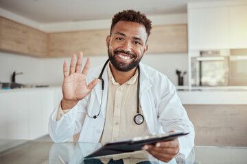 Doctor, video call and consultant in telehealth of a black man in healthcare, diagnosis or medical...