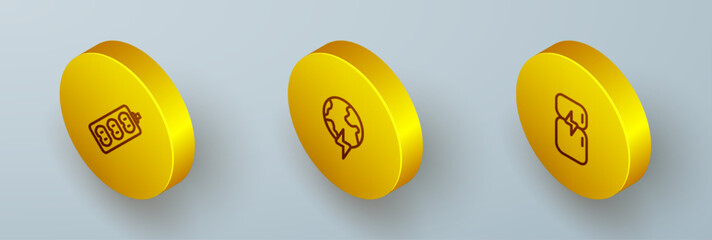 Set Isometric line Electric extension, Global planet with thunderbolt and Refrigerator icon. Vector