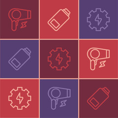 Set line Hair dryer, Gear and lightning and Battery charge icon. Vector