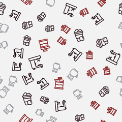 Set line Coffee machine, Iced coffee, Kettle with handle and French press on seamless pattern. Vector