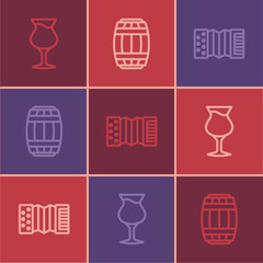 Set line Glass of beer, Accordion and Wooden barrel icon. Vector