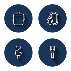 Set line Cooking pot, Steak meat, Ice cream and Fork with long shadow. Blue circle button. Vector