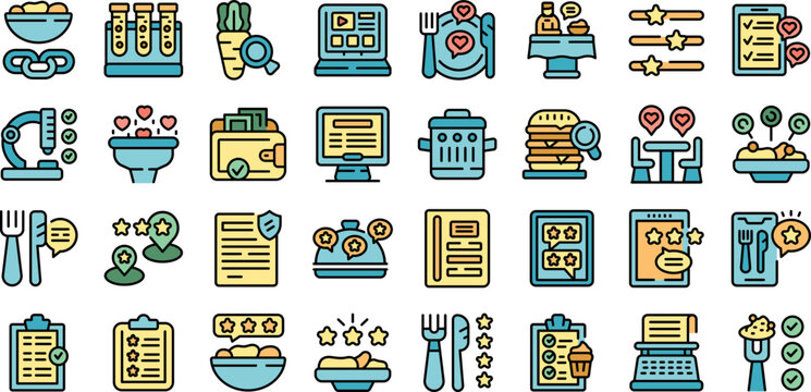 Food critic icons set outline vector. Restaurant food. Social review thin line color flat on white