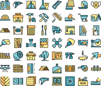 DIY repair icons set outline vector. Worker repair. Construction house thin line color flat on white