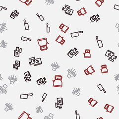 Set line Kitchen meat grinder, Frying pan, extractor fan and Kettle with handle on seamless pattern. Vector