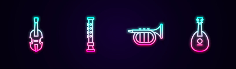 Set line Violin, Flute, Trumpet and Mandolin. Glowing neon icon. Vector
