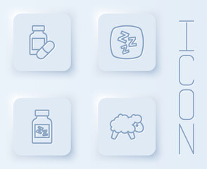 Set line Sleeping pill, Sleepy, and Sheep. White square button. Vector