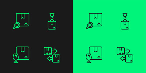 Set line Cardboard box with traffic symbol, Package fragile content, Search package and Crane cardboard icon. Vector