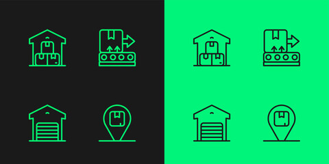 Set line Location with cardboard box, Warehouse, Full warehouse and Conveyor belt icon. Vector