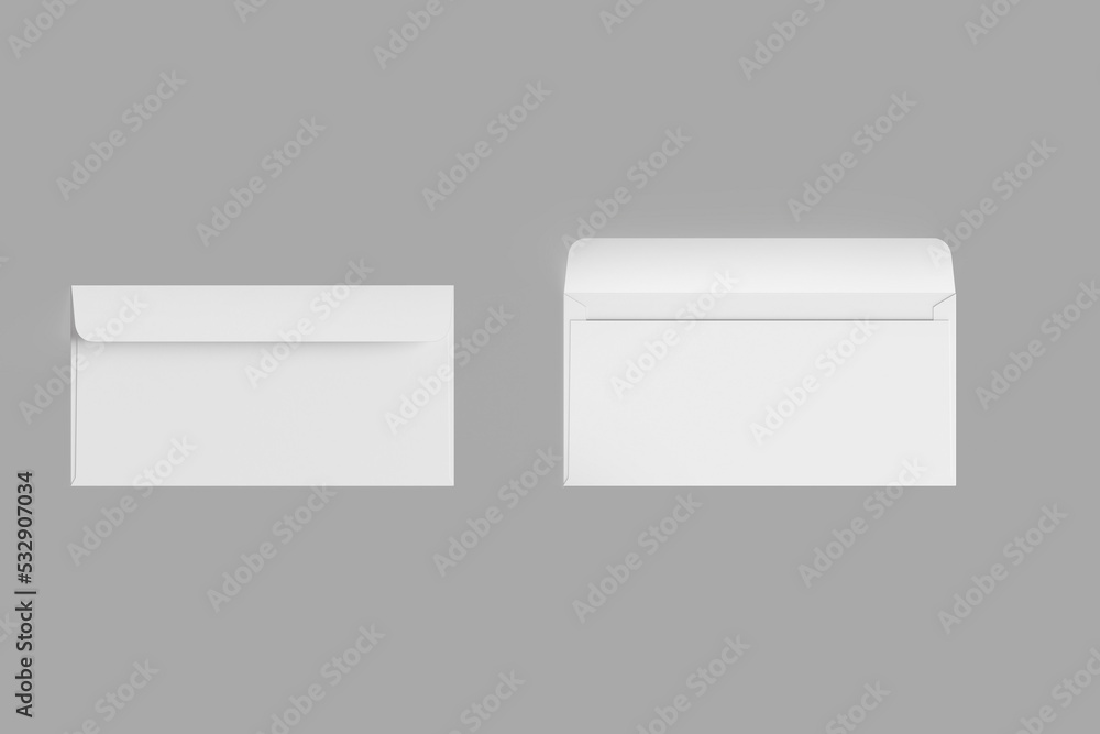 Poster blank white open and closed dl envelope mockup isolated on white background. 3d rendering.