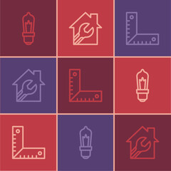 Set line Light bulb, Corner ruler and House with wrench spanner icon. Vector