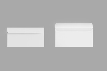 Blank white open and closed dl envelope mockup isolated on white background. 3d rendering.