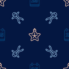 Set line Christmas day calendar, Holiday gingerbread man cookie and star on seamless pattern. Vector