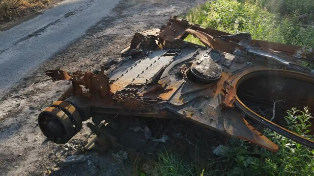 War in Ukraine, Remains of Destroyed and burned by Ukrainian army,  russian battle tank of the Russian invaders after counteroffensive
