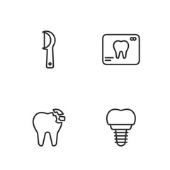 Set line Dental implant, Broken tooth, floss and X-ray of icon. Vector
