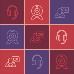 Set line Headphones, Video chat conference and Web camera icon. Vector