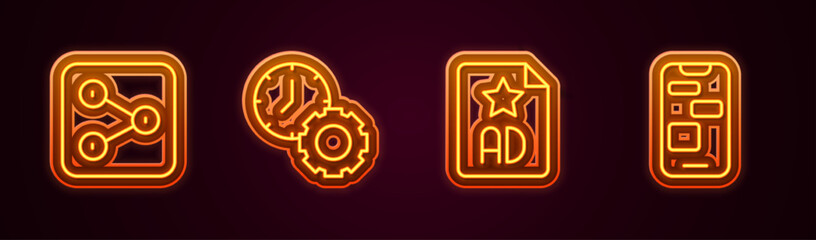 Set line Share, Time management, Advertising and Mobile 24 hours support. Glowing neon icon. Vector