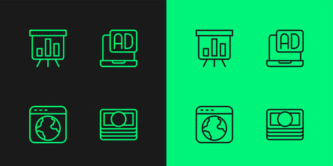 Set line Stacks paper money cash, Worldwide, Board with graph chart and Advertising icon. Vector