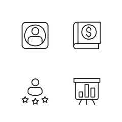 Set line Board with graph chart, Consumer product rating, Create account screen and Financial book icon. Vector