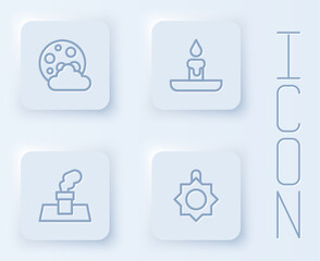 Set line Christmas night, Burning candle, chimney and toy. White square button. Vector