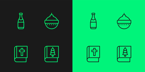 Set line Christmas book, Holy bible, Champagne bottle and ball icon. Vector