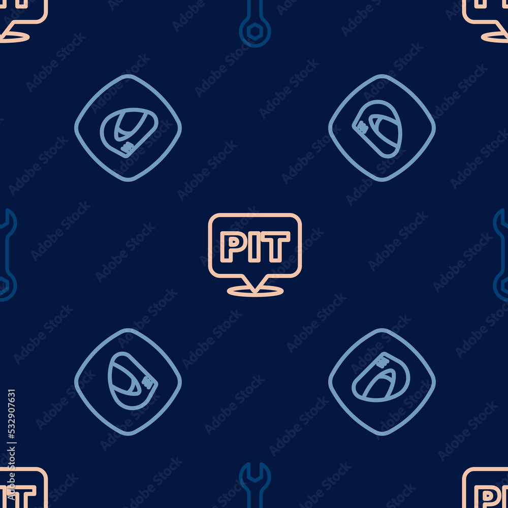 Poster set line wrench spanner, racing helmet and pit stop on seamless pattern. vector