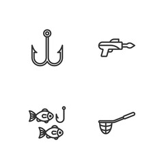 Set line Fishing net, hook with fish, and harpoon icon. Vector