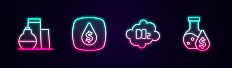 Set line Oil tank storage, drop with dollar symbol, CO2 emissions in cloud and petrol test tube. Glowing neon icon. Vector