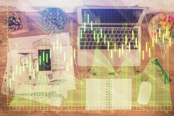Multi exposure of financial chart drawing over table background with computer. Concept of research. Top view.