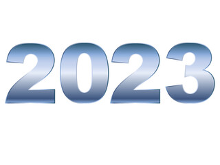 Happy New Year 2023 text. Gradient blue steel numbers, shiny texture. Isolated vector illustration, transparent background. Asset for overlay, montage, collage, invitation card.