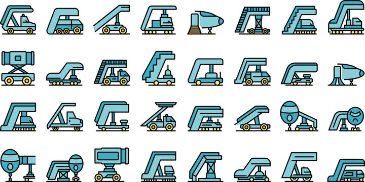 Airplane stairs icons set outline vector. Aerobridge engine. Plane stairs thin line color flat on white