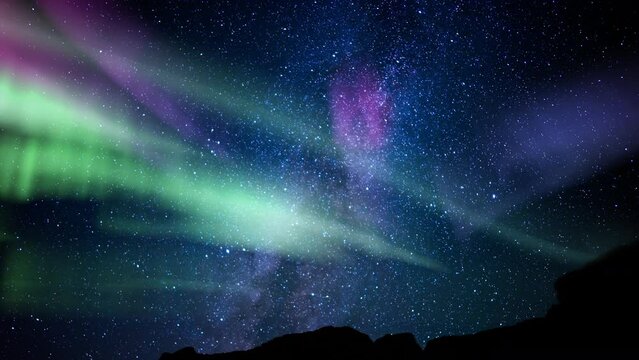 Aurora Purple Green and Milky Way Galaxy Canyon Tilt Down