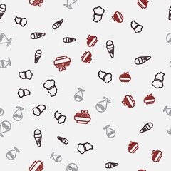 Set line Italian cook, Ice cream in waffle, Carnival mask and Pasta spaghetti on seamless pattern. Vector