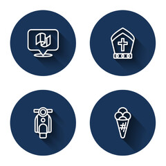 Set line Flag Italy, Pope hat, Scooter and Ice cream in waffle with long shadow. Blue circle button. Vector