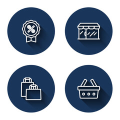Set line Discount percent tag, Market store, Paper shopping bag and Shopping basket with long shadow. Blue circle button. Vector