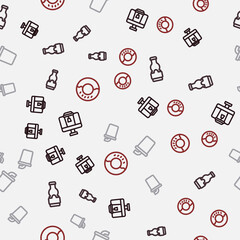 Set line Online ordering food, Sauce bottle, Paper glass with water and Donut on seamless pattern. Vector
