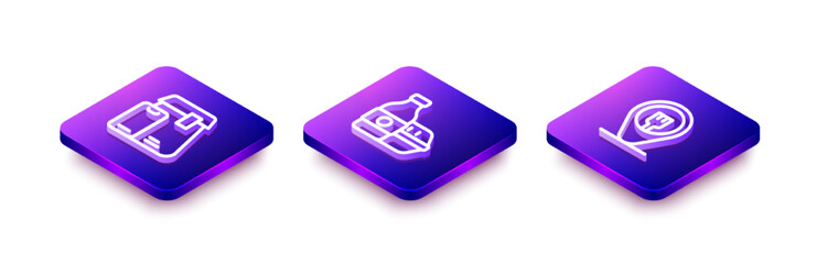 Set Isometric line Online ordering food, and Cafe and restaurant location icon. Vector