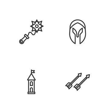 Set line Medieval arrows, Castle tower, Mace with spikes and helmet icon. Vector
