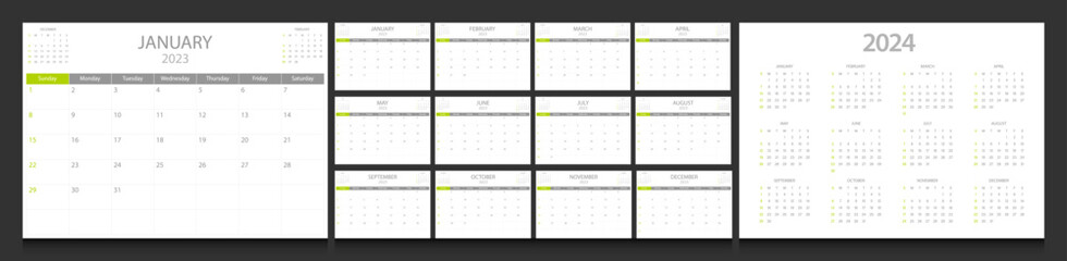 Calendar 2023, calendar 2024 week start Sunday corporate design template vector.