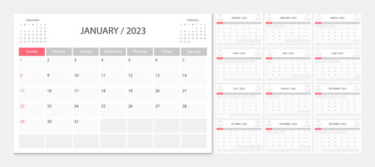 Calendar 2023 week start Sunday corporate design template vector.