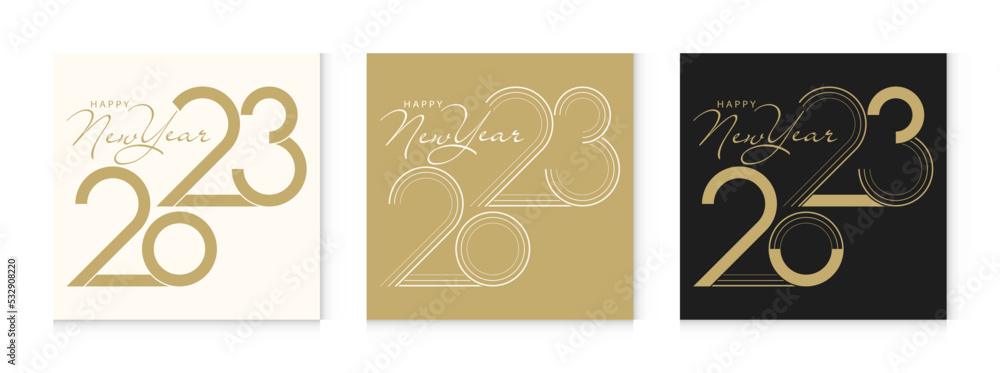Poster 2023 happy new year. 2023 modern text vector luxury design gold color.