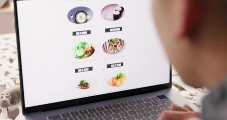 Website, internet and food delivery with laptop screen and customer search for supermarket, ecommerce and ux design. Online shopping, grocery and digital with man looking at menu web design