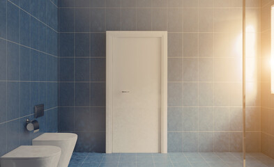 Clean and fresh bathroom with natural light. 3D rendering.. Sunset.