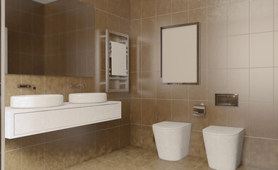 Fototapeta na wymiar Spacious bathroom in gray tones with heated floors, freestanding tub. 3D rendering.. Mockup. Empty paintings