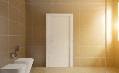 Naklejka na ściany i meble Spacious bathroom in gray tones with heated floors, freestanding tub. 3D rendering.. Sunset.