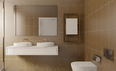 Spacious bathroom in gray tones with heated floors, freestanding tub. 3D rendering.